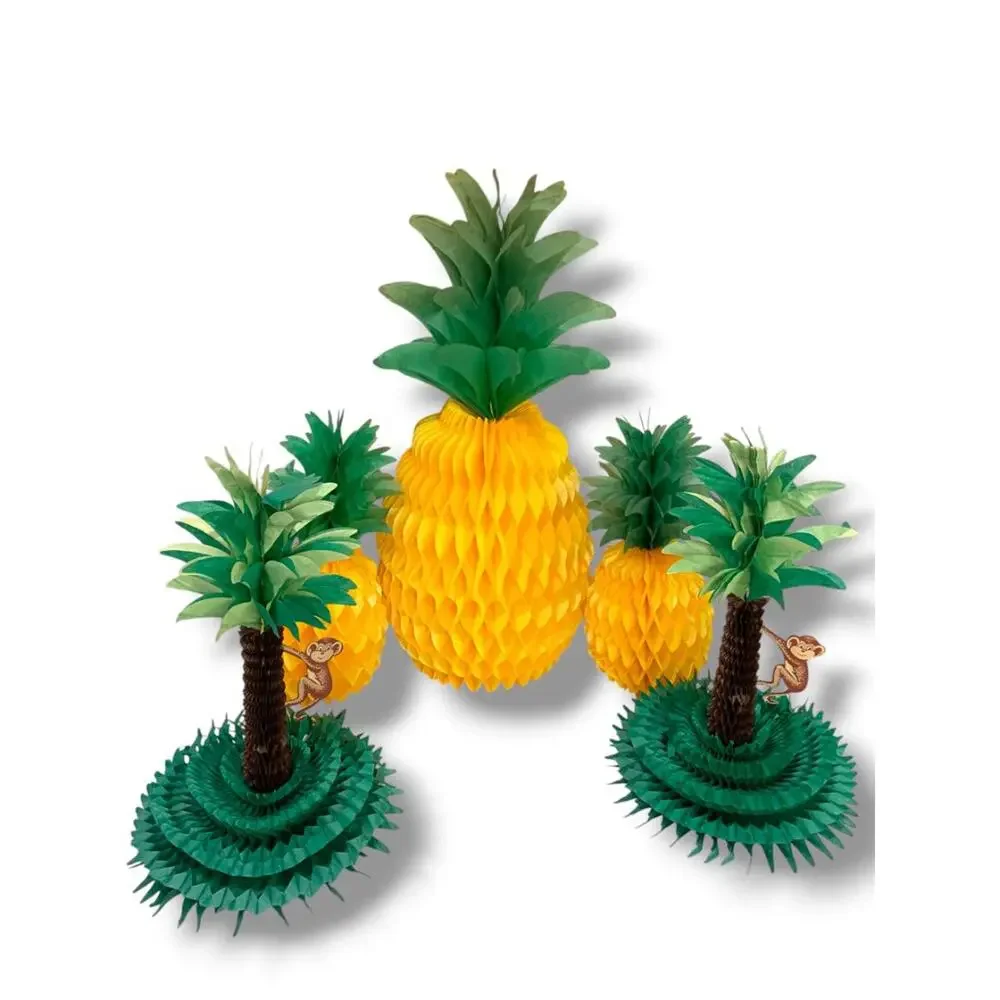 Vintage Set of Luau Decorations Beistle Honeycomb Palm Tree Pineapples Aloha